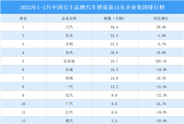 2022年1-2月中国自主品牌汽车销量前15名企业集团排行榜（附榜单）