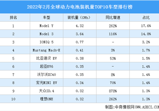 2022年2月全球动力电池装机量TOP10车型排行榜（附榜单）