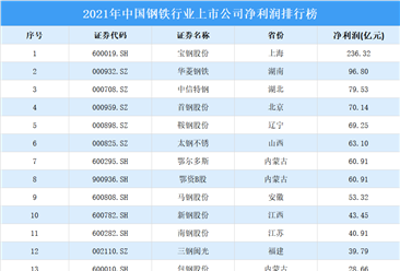2021年中国钢铁行业上市公司净利润排行榜（附榜单）