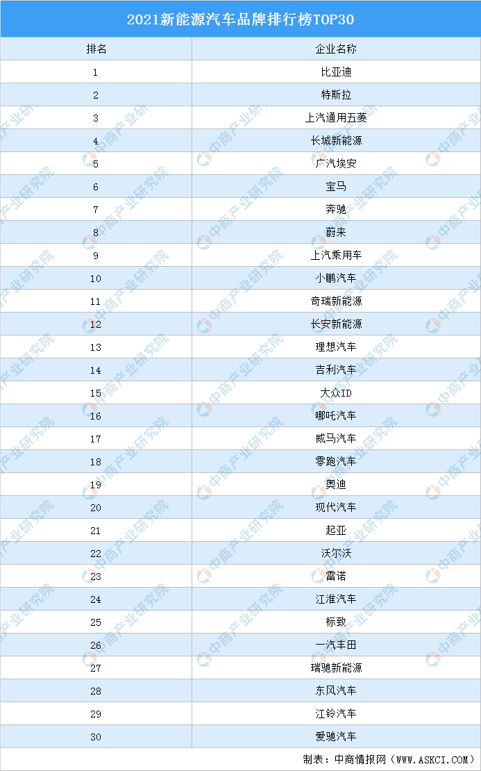 2021新能源汽车品牌排行榜top30附榜单