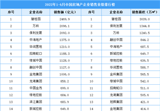 2022年1-6月中国房地产企业销售业绩排行榜