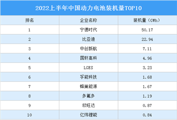 2022上半年中国动力电池装机量TOP10（附榜单）