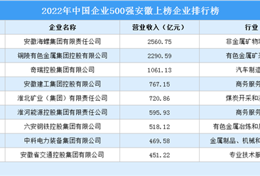 2022年中国企业500强安徽上榜企业排行榜（附榜单）