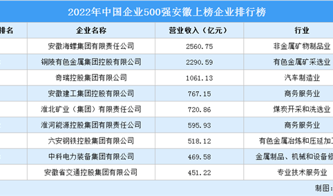2022年中国企业500强安徽上榜企业排行榜（附榜单）