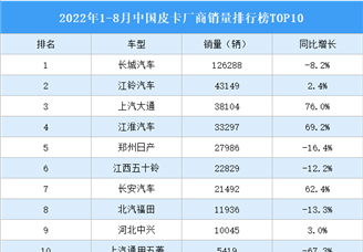 2022年1-8月中國皮卡廠商銷量排行榜TOP10（附榜單）