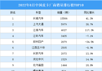 2022年8月中國皮卡廠商銷量排行榜TOP10（附榜單）