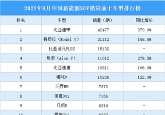 2022年8月中国新能源SUV销量前十车型排行榜（附榜单）