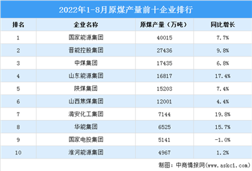 2022年1-8月原煤產量TOP10企業排行榜（附榜單）