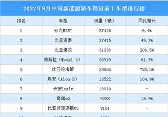 2022年9月中国新能源轿车销量前十车型排行榜（附榜单）