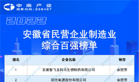 2022安徽省民营企业制造业综合百强排行榜（附榜单）