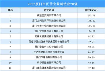 2022厦门市民营企业制造业20强榜单