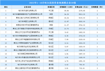产业投资情报：2022年1-10月哈尔滨投资拿地规模企业20强