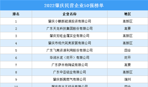 2022肇庆民营企业50强排行榜（附榜单）