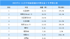 2022年1-11月中国新能源SUV销量前十车型排行榜（附榜单）