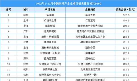 2022年1-12月中国房地产企业项目销售排行榜TOP100