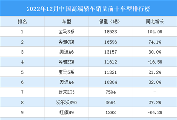 2022年12月中国高端轿车销量前十车型排行榜（附榜单）