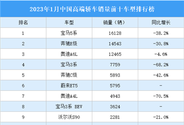 2023年1月中国高端轿车销量前十车型排行榜（附榜单）