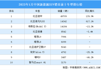2023年1月中国新能源SUV销量前十车型排行榜（附榜单）