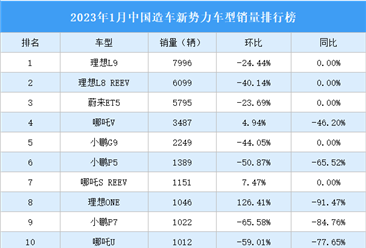 2023年1月中国造车新势力车型销量排行榜（附榜单）