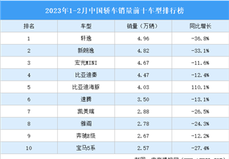 2023年1-2月中国轿车销量前十车型排行榜（附榜单）