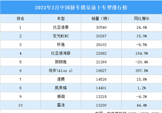 2023年2月中国轿车销量前十车型排行榜（附榜单）