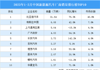 2023年1-2月中国新能源汽车厂商销量排行榜TOP10（附榜单）