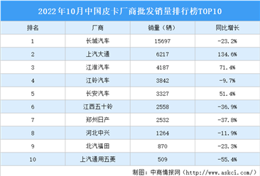 2022年10月中國皮卡廠商批發銷量排行榜TOP10（附榜單）