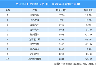 2023年1-2月中国皮卡厂商销量排行榜TOP10（附榜单）