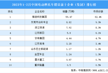 2023年1-2月中国电动摩托车销量前十企业（集团）排行榜（附榜单）