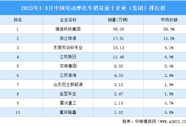 2023年1-3月中国电动摩托车销量前十企业（集团）排行榜（附榜单）