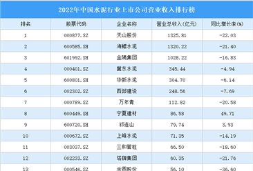 2022年中國水泥行業上市公司營業收入排行榜（附全榜單）