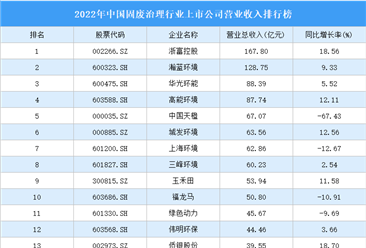 2022年中国固废治理行业上市公司营业收入排行榜（附全榜单）