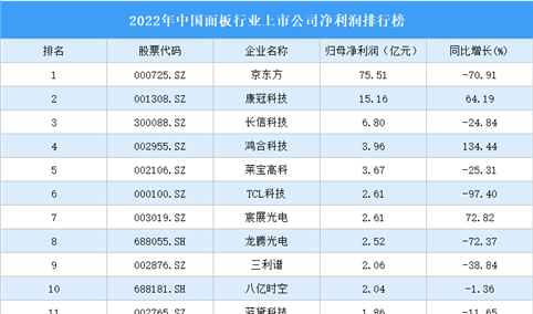 2022年中国面板行业上市公司净利润排行榜（附全榜单）