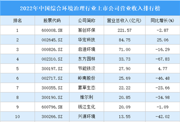 2022年中国综合环境治理行业上市公司营业收入排行榜（附全榜单）