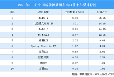 2023年1-3月中国新能源乘用车出口前十车型排行榜（附榜单）
