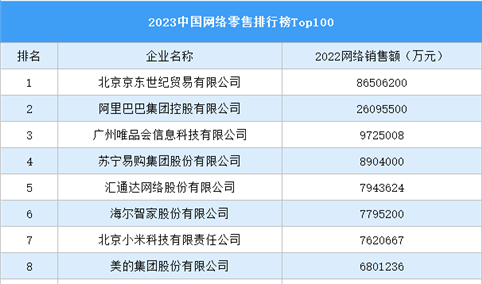 2023中国网络零售排行榜Top 100（附榜单）