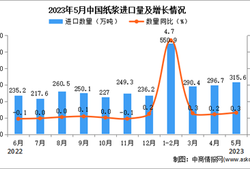 2023年5月中国纸浆进口数据统计分析：进口量315.6万吨