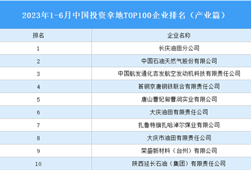产业投资情报：2023年1-6月中国投资拿地TOP100企业排行榜（产业篇）