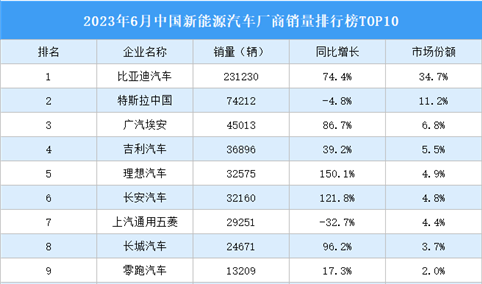 2023年6月中国新能源汽车厂商销量排行榜TOP10（附榜单）