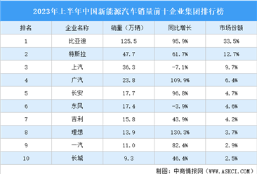 2023年上半年中国新能源汽车销量前十企业集团排行榜（附榜单）