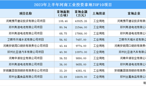 2023年上半年河南工业土地投资规模最大的十个项目汇总（图）