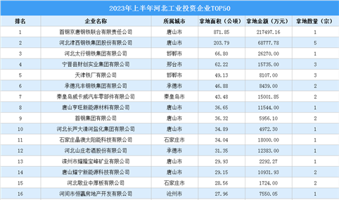 【工业投资盘点】2023年上半年河北工业投资TOP50企业涉地面积超2188公顷