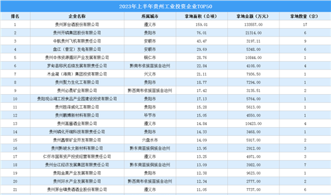 【工业投资盘点】2023年上半年贵州工业投资TOP50企业摘走130宗地