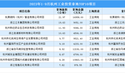抓项目扩投资 2023年1-9月杭州工业投资TOP10项目土地投资超8亿元