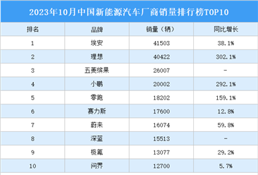 2023年10月中国新能源汽车厂商销量排行榜TOP10（附榜单）