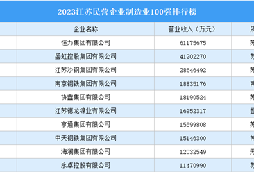 2023江苏民营企业制造业100强排行榜（附完整榜单）