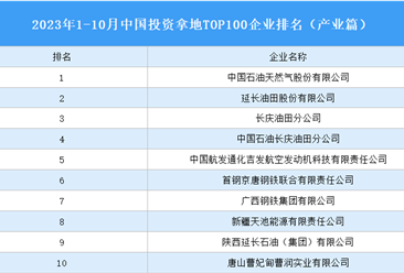 产业投资情报：2023年1-10月中国投资拿地TOP100企业排行榜（产业篇）
