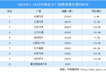 2023年1-10月中國皮卡廠商銷量排行榜TOP10（附榜單）