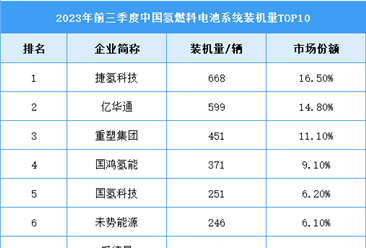 2023年前三季度中国氢燃料电池系统装机量及竞争格局分析（图）