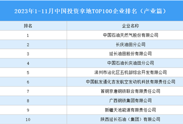 产业投资情报：2023年1-11月中国投资拿地TOP100企业排行榜（产业篇）